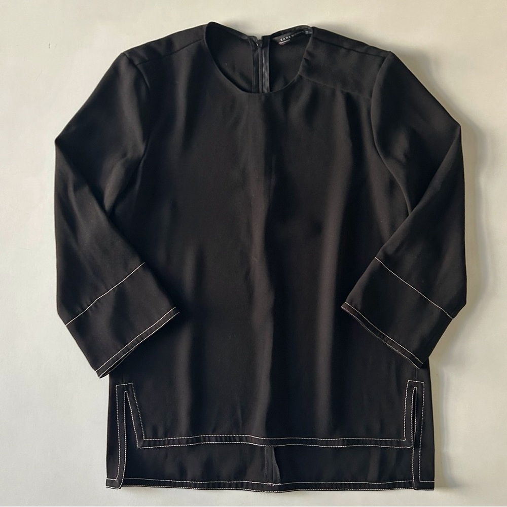 Zara Black Tunic Top Contrast White Stitching Oversized Fall/Winter Trend XXS